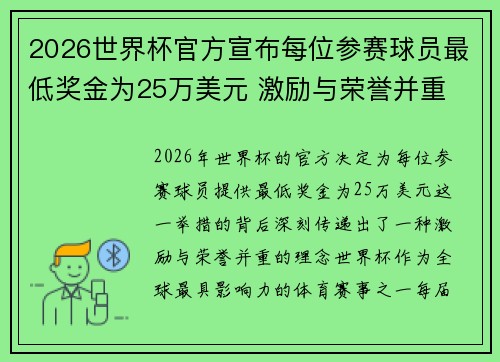 2026世界杯官方宣布每位参赛球员最低奖金为25万美元 激励与荣誉并重